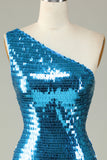 Glitter Royal Blue One Shoulder Paillettes Tight Hoco Dress