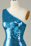 Glitter Royal Blue One Shoulder Paillettes Tight Hoco Dress