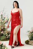 Spaghetti a sirena Spaghetti Red Sequins Plus Size Prom Dress con spacco frontale