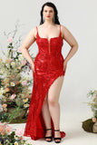 Spaghetti a sirena Spaghetti Red Sequins Plus Size Prom Dress con spacco frontale