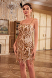 Guaina Spaghetti Straps Paillettes d'oro 1920s Dress con nappa