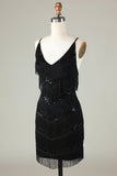 Fiuccicante paillettes nero perline stretto breve homecoming dress con frange