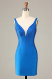 Tubino profondo scollo a V blu corto Homecoming Dress con perline