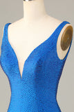Tubino profondo scollo a V blu corto Homecoming Dress con perline