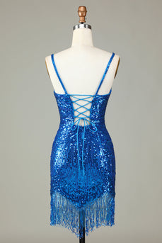 Sparkly Bodycon Spaghetti Straps Blue Sequins Short Homecoming Dress with Nappine