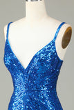 Guaina Spaghetti Straps Peacockt Blue Paillettes 1920s Dress con nappa