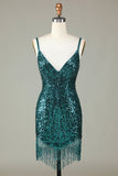 Sparkly Bodycon Spaghetti Straps Green Lace-Up Back Short Homecoming Dress con perline