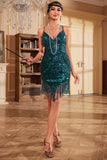 Guaina Spaghetti Straps Peacockt Blue Paillettes 1920s Dress con nappa