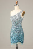 Sparkly Bodycon Spaghetti Straps Blue Sequins Short Homecoming Dress with Nappine