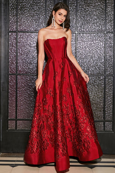 Principessa A-Line senza spalline rosso scuro Corsetto lungo abito da ballo con accessorio