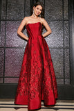A-Line Senza Spalline Elegante Principessa Rosso Scuro Lungo vestito da ballo con Fiori 3D