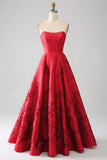 Elegante principessa A-Line senza spalline rosso scuro lungo abito da ballo con fiori 3D