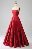 Elegante principessa A-Line senza spalline rosso scuro lungo abito da ballo con fiori 3D
