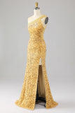 Mermaid Paillettes Una spalla dorato Prom Dress con fessura