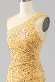 Mermaid Paillettes Una spalla dorato Prom Dress con fessura