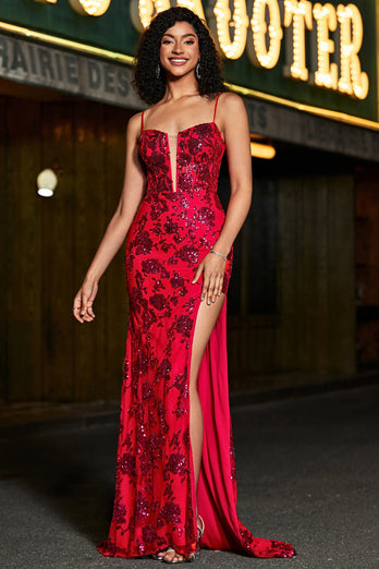 Elegante sirena Spaghetti Straps Rosso scuro Corsetto Prom Dress con Split Front