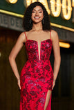 Elegante sirena Spaghetti Straps Rosso scuro Corsetto Prom Dress con Split Front
