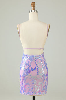 Sparkly viola paillettes backless tight short homecoming dress