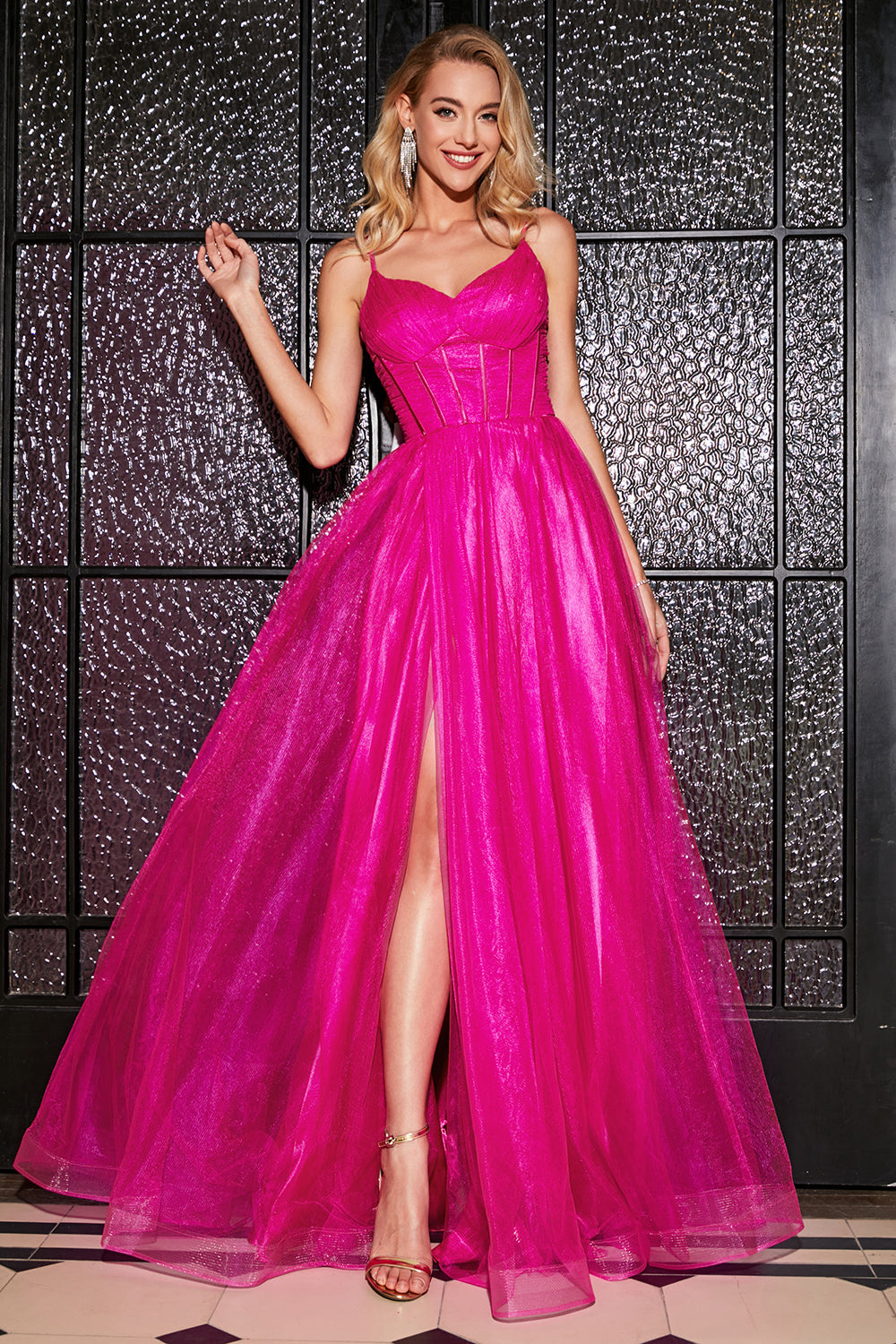 Hot Pink A-Line Spalline sottili lungo Corsetto vestito da ballo con fessura