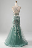 Mermaid Lace-Up Back Abito da ballo verde chiaro con applicazioni