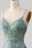 Spaghetti Staps Sparkly Grigio Verde Prom Dress con perline