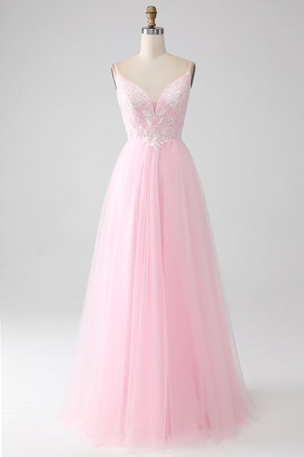 Rosa chiaro A-Line Spaghetti Straps Prom Dress con perline
