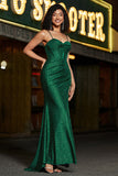 Elegante sirena Spaghetti Straps Verde scuro Corsetto Prom Dress con Split Front