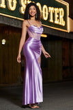 Elegante sirena Spaghetti Straps Viola Corsetto Prom Dress con Split Front