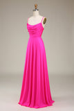 Hot Pink Spaghetti Straps A-line Prom Dress con pieghe