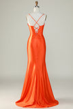 Arancione sirena Spalline sottili lungo corsetto Abito da ballo con fessura