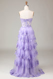 Lavanda senza spalline a più livelli Tulle Corsetto Prom Dress con appliques