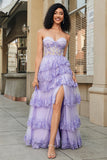 Princess A Line Sweetheart Lavanda Corsetto Prom Dress con pizzo a più livelli