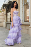 Princess A Line Sweetheart Lavanda Corsetto Prom Dress con pizzo a più livelli