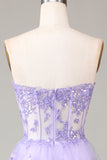 Lavanda senza spalline a più livelli Tulle Corsetto Prom Dress con appliques