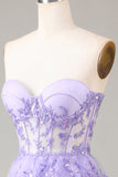 Lavanda senza spalline a più livelli Tulle Corsetto Prom Dress con appliques