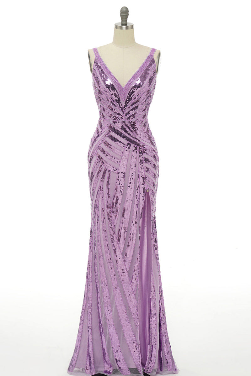 Carica l&#39;immagine nel visualizzatore di Gallery, Sparkly Purple Sequins Backless Long Prom Dress