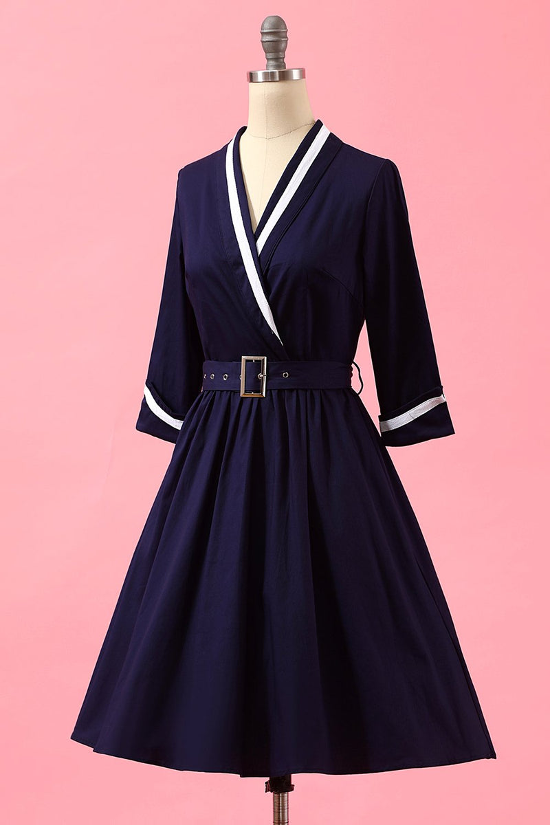 Carica l&#39;immagine nel visualizzatore di Gallery, Navy Blue Patchwork scollo a V vestito casuale Wrap