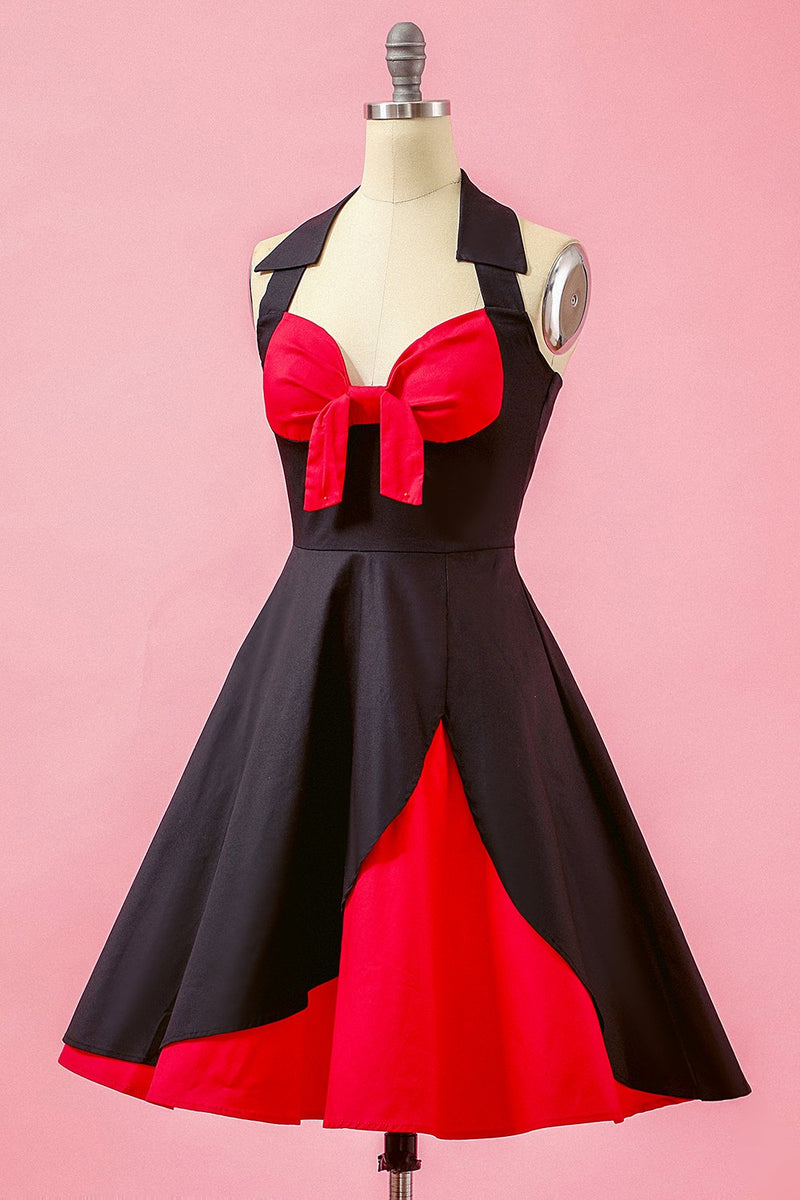 Carica l&#39;immagine nel visualizzatore di Gallery, Nero Patchwork scollo a V swing Party Dress