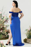 Fodero fuori spalla Royal Blue Plus Size Prom Dress con spacco frontale