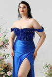 Fodero fuori spalla Royal Blue Plus Size Prom Dress con spacco frontale