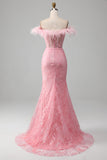 Sirena Off the Shoulder Sparkly Pink Feathers Corsetto Prom Dress con fessura