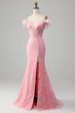Sirena Off the Shoulder Sparkly Pink Feathers Corsetto Prom Dress con fessura