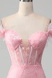 Sirena Off the Shoulder Sparkly Pink Feathers Corsetto Prom Dress con fessura