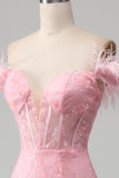 Sirena Off the Shoulder Sparkly Pink Feathers Corsetto Prom Dress con fessura