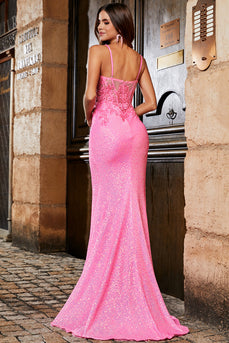 Rosa Spaghetti Straps Glitter Paillettes Mermaid Prom Dress con Spacco
