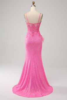Di moda Sirena Spalline sottili Paillettes Rosa Abito Lungo Ballo con Applicazioni