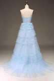 Tulle Azzurro Abito da ballo a balze con spacco