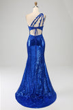 Una spalla Blu Reale Sirena vestito da ballo con fessura