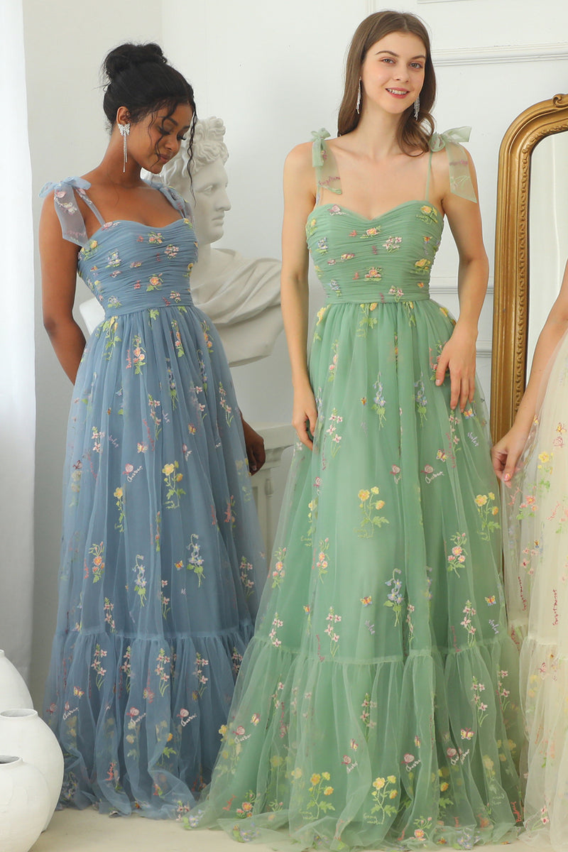 Carica l&#39;immagine nel visualizzatore di Gallery, Abito da cerimonia lungo champagne linea a tulle spalline sottili con ricamo