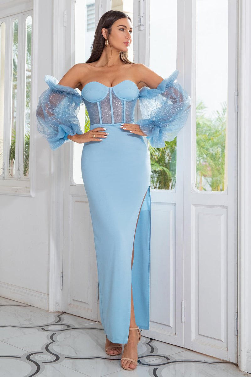 Carica l&#39;immagine nel visualizzatore di Gallery, Guaina fuori dalla spalla Sky Blue Prom Dress maniche lunghe